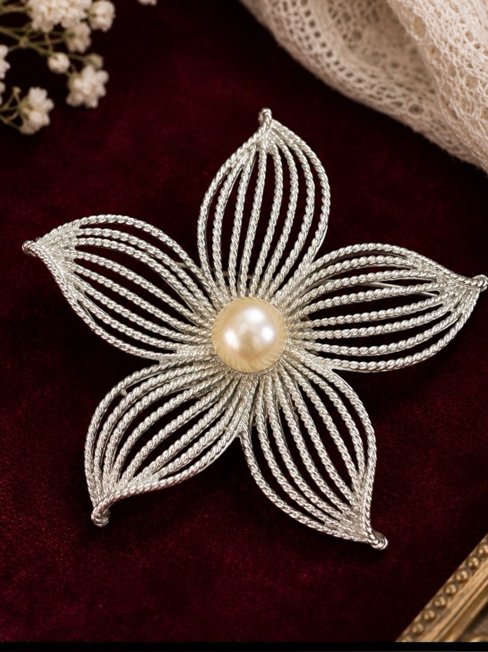 Sarah Coventry Vintage Moon Flower Faux Pearl Brooch